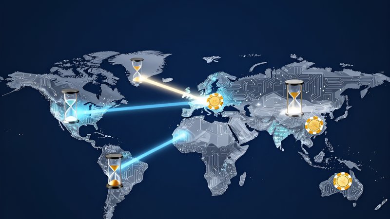 Futuristic global map with glowing circuits and hourglasses evaluating payment gateway latency international casinos