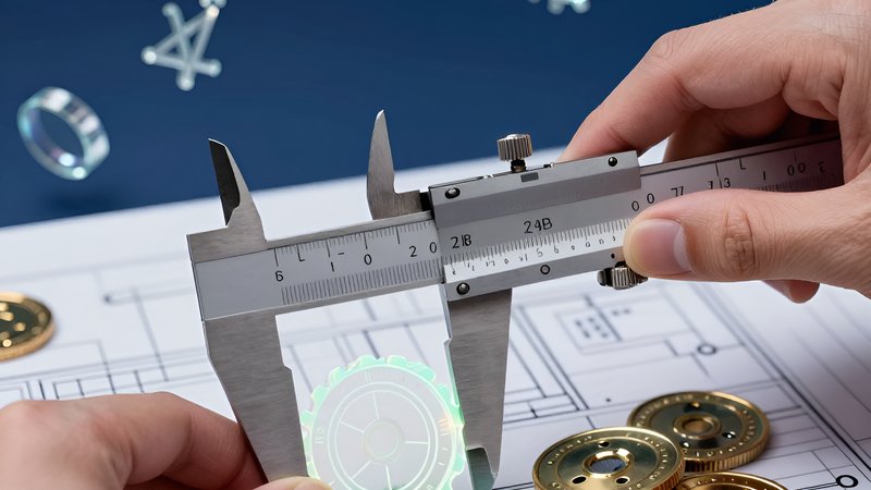 Hands using a caliper to measure a glowing chip for evaluating bonus wagering mechanics B2B casino