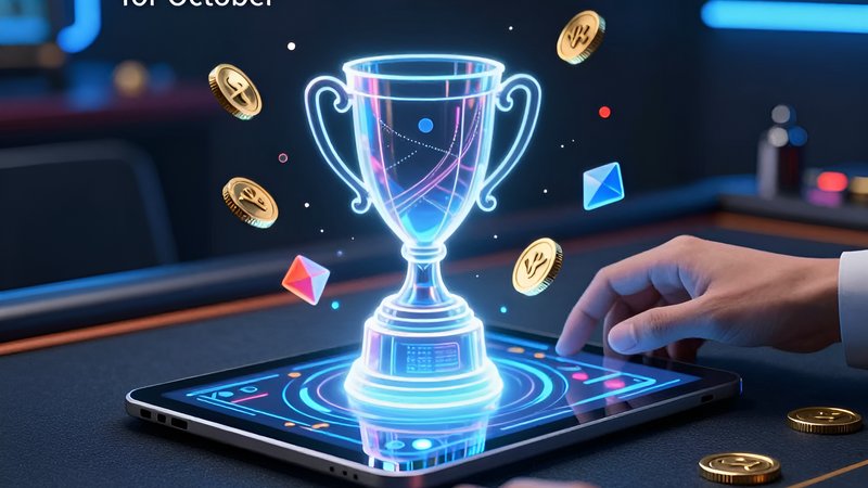 Holographic trophy and floating gems illustrating B2B Casino Software Trends October Focus on gamification