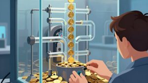 Technician adjusting a glass coin mechanism for understanding game variance and RTP in casino software