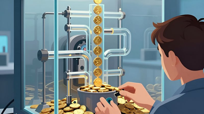 Technician adjusting a glass coin mechanism for understanding game variance and RTP in casino software